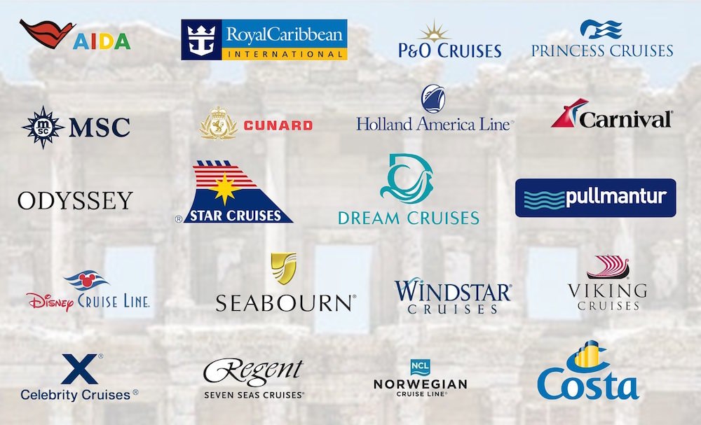 Cruise line logos over a faded view of the Library of Celsus at Ephesus — the lines whose guests we guide ashore