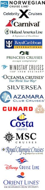 A column of cruise line logos — Norwegian, Celebrity, Carnival, Royal Caribbean, Cunard, Disney and more — whose guests tour with us
