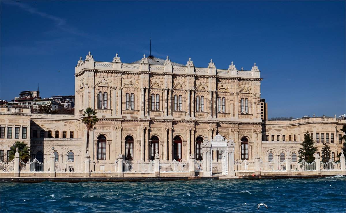 The marble façade from the water — Dolmabahçe Palace tour, Istanbul