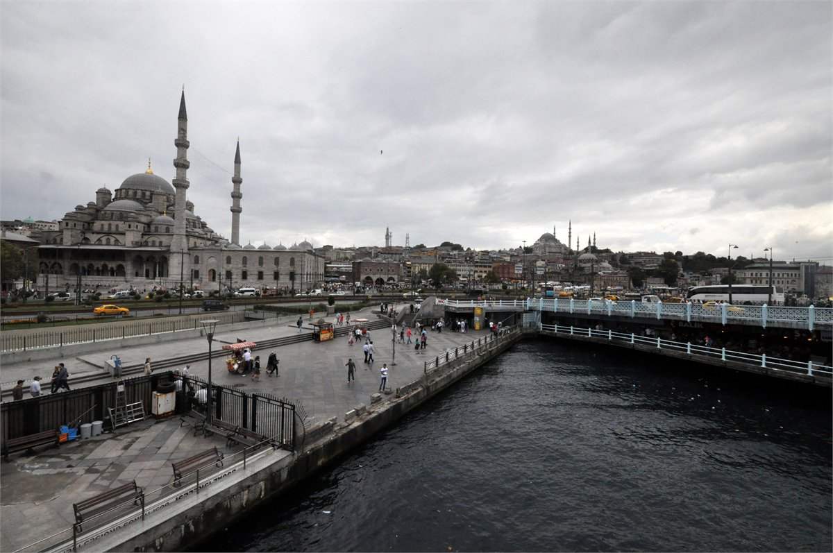 The Galata Bridge with the New Mosque behind it across the Golden Horn, Istanbul