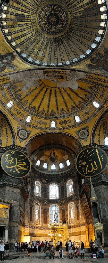 The great dome, semi-dome and calligraphic roundels inside Hagia Sophia, Istanbul