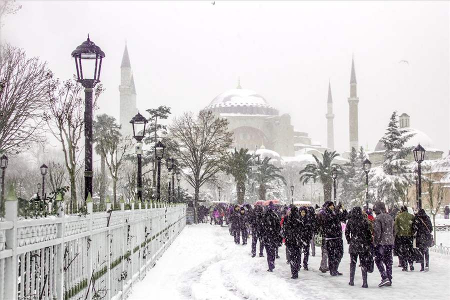 Hagia Sophia under a blanket of snow in Sultanahmet, Istanbul