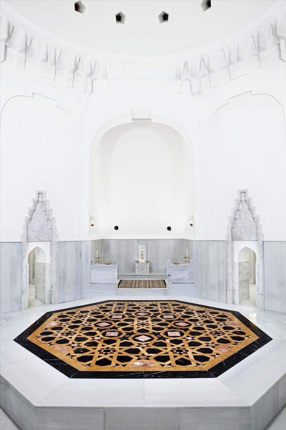 The marble interior and octagonal navel stone of the Hürrem Sultan Hamam, Istanbul