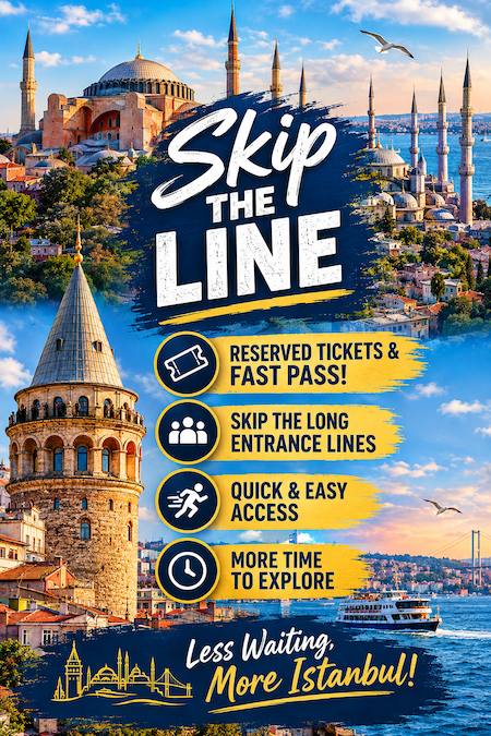 Skip the line poster for Istanbul with Hagia Sophia, the Blue Mosque and Galata Tower: reserved tickets, fast pass and quick entry, less waiting and more Istanbul