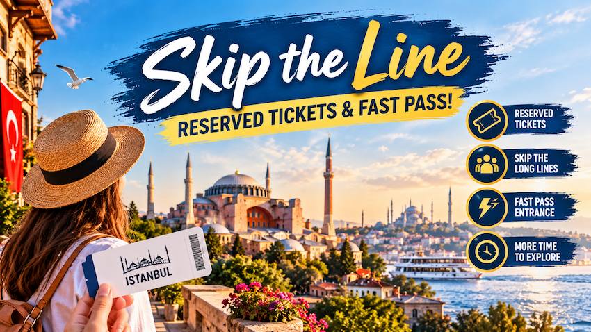 A traveler holds an Istanbul ticket in front of Hagia Sophia on a banner reading skip the line: reserved tickets and fast pass