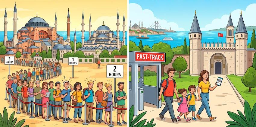 Cartoon of Istanbul without and with skip-the-line entry: a long line waits before Hagia Sophia and the Blue Mosque, while a family walks through a fast-track gate at Topkapi Palace