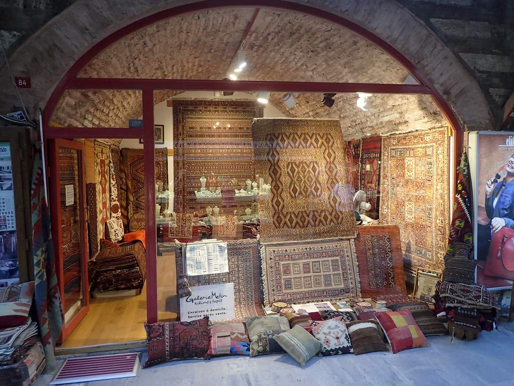 Hand-knotted Turkish carpets and kilims displayed in a shop in Istanbul